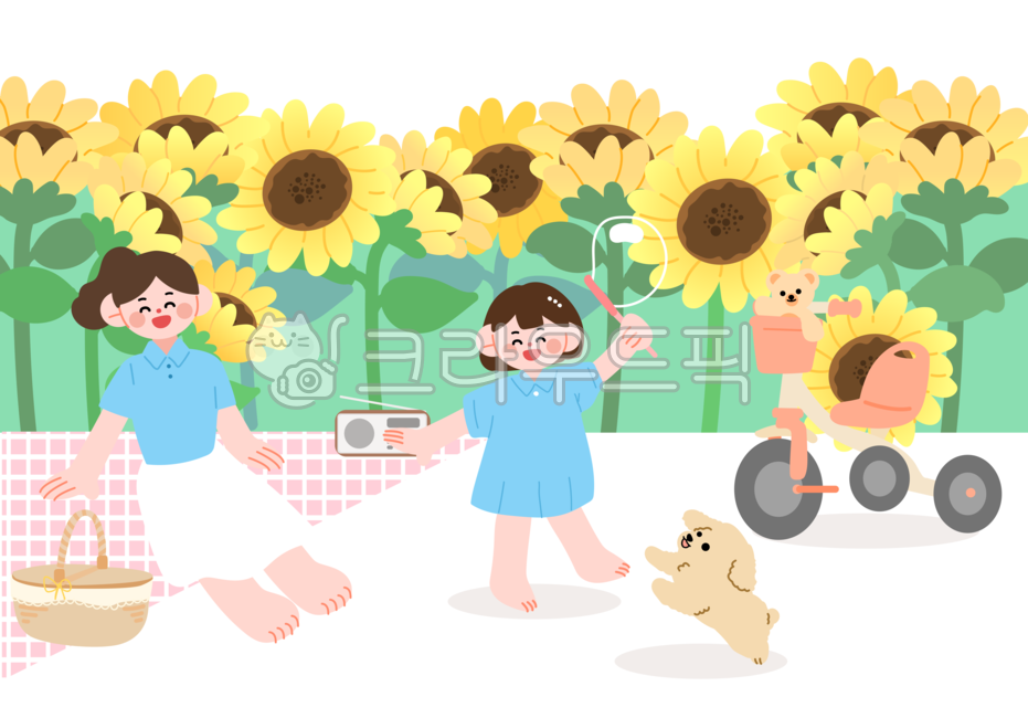 family month,bicycle,Teddy bear,In May,weekend,Summer Vacation,mom,picnic,picnic basket,sunflower,summer,flower,radio,soap bubbles,single parent,children,puppy,single parent family,vacation,spring picnic,illustration,daughter,Childrens Day