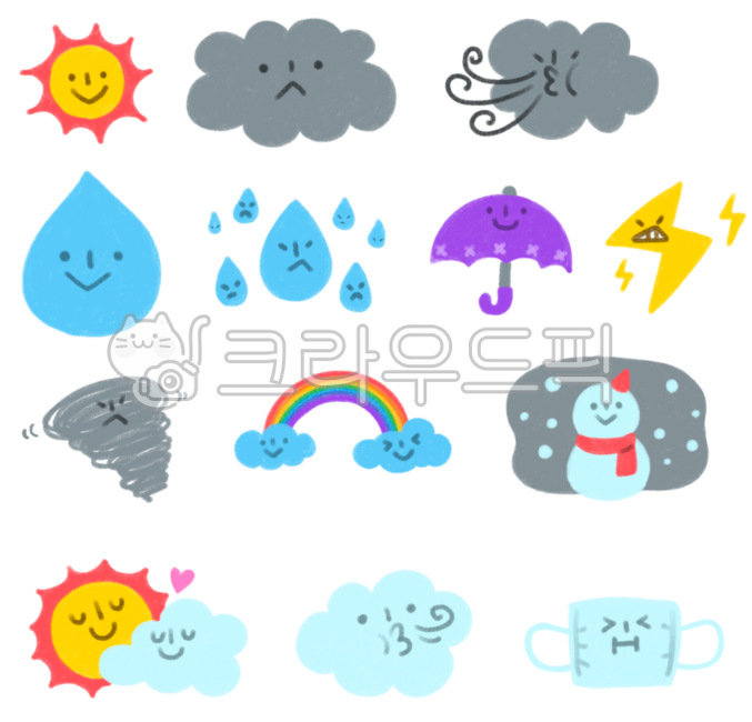 Weather,emoticon,sticker,hand drawing,hand drawing,colored pencil drawing,cute,emotion,feeling,expression,face,season,spring,summer,fall,winter,sun,cloud,umbrella,rain,typhoon,lightning,mask,fine dust,yellow dust,snow,snowman,ra