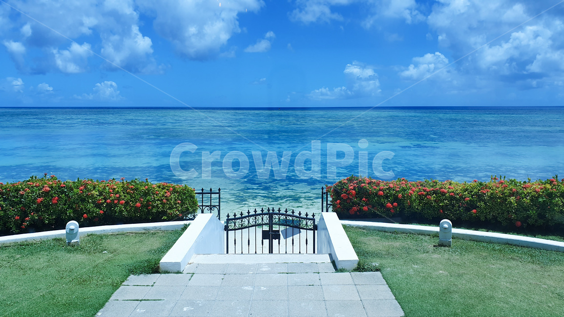 괌,하와이,바다,guam,hawai,섬,ocean,sea,sky,cloud,하늘,구름,outdoors,자연,nature,풍경,경치,대양,해안선,shoreline,landscape,난간,banister,handrail,공원,꽃,풀,잔디