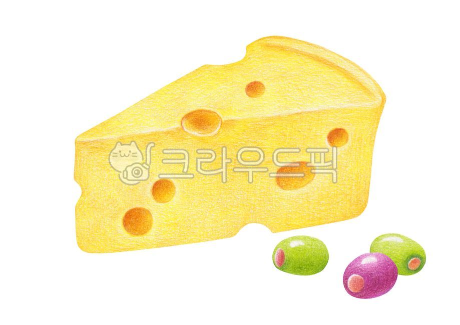 일러스트,색연필화,색연필,그림,드로잉,음식,식품,치즈,올리브,에멘탈치즈