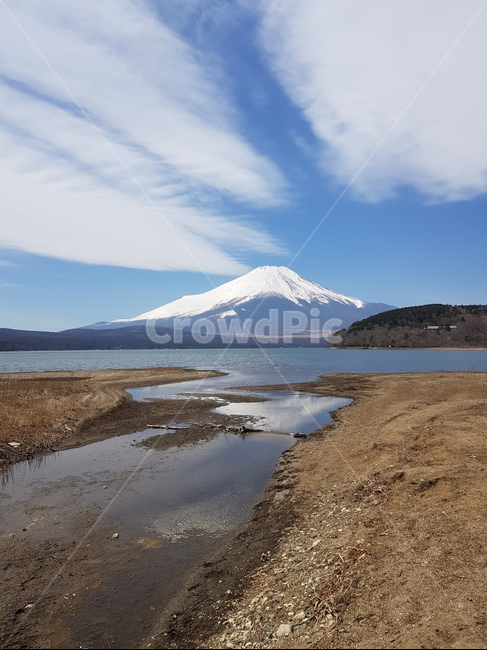 후지산,후지산야마나카호,눈덮힌후지산,후지산호수,겨울후지산,맑은후지산,일본,일본산,후지산구름,산,물,눈,물가,호수,파란하늘,하늘,맑은하늘,구름,겨울산
