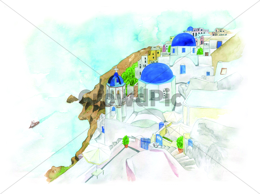 손그림,물감그림,handdrawing,watercolor,santorini,산토리니,그리스,greece