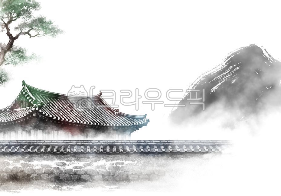 수묵화,한옥,한국전통가옥,한국화,동양화,기와,기와지붕,한옥지붕,기와집,물감번짐,수채화,붓터치,손그림,한국전통배경,먹물번짐,색번짐,브러시터치,흑백,번짐효과,먹그림,배경,흰색,흰바탕,흰색배경,누끼,배경이미지,예술,일러스트,산,나무,담장,기와담장,한국전통담장,돌담