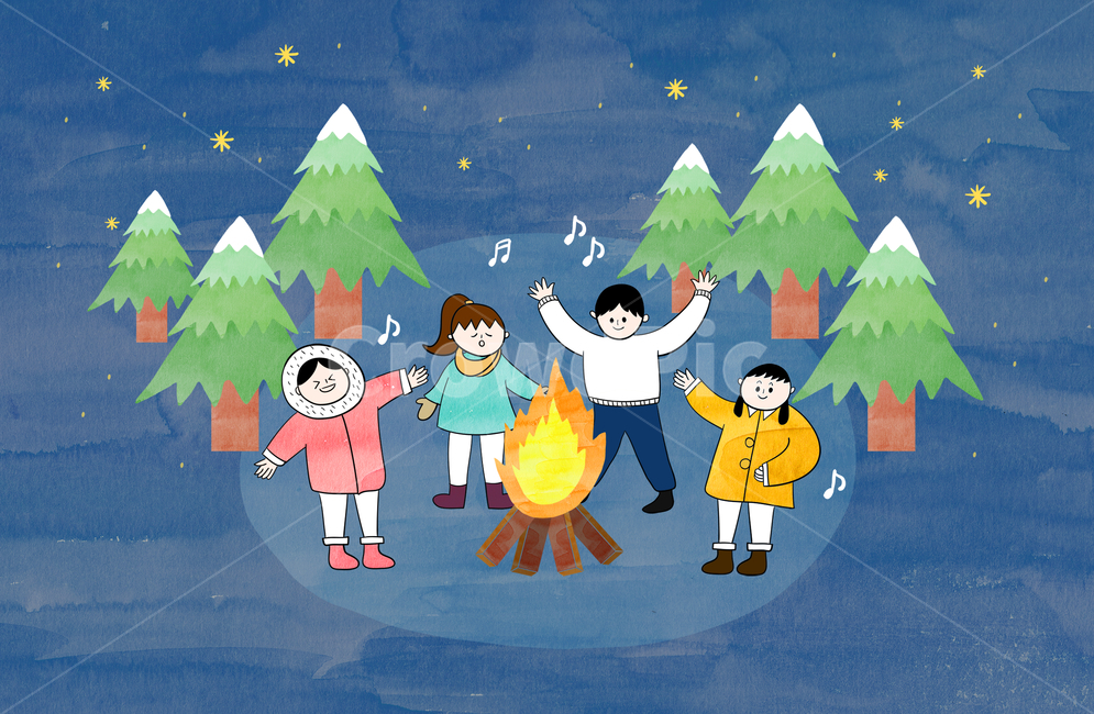 모닥불,나무,여자,남자,밤,겨울,감성,겨울,계절,winter,season,여행,휴가,traveling,vacation,trip,그래픽,일러스트레이션,graphic,illustration