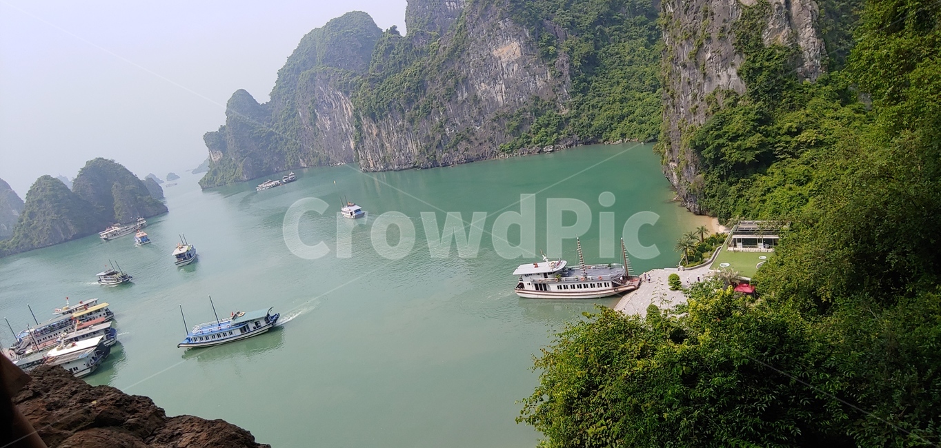 transportation,교통,boat,보트,vehicle,차량,promontory,곶,자연,nature,옥외,outdoors,바다,바위,에메랄드,나무,자유,배,관광,베트남,하롱베이,승솟동굴