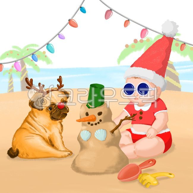 summer christmas,puppy,sandy beach,snow man,baby,illustration,christmas