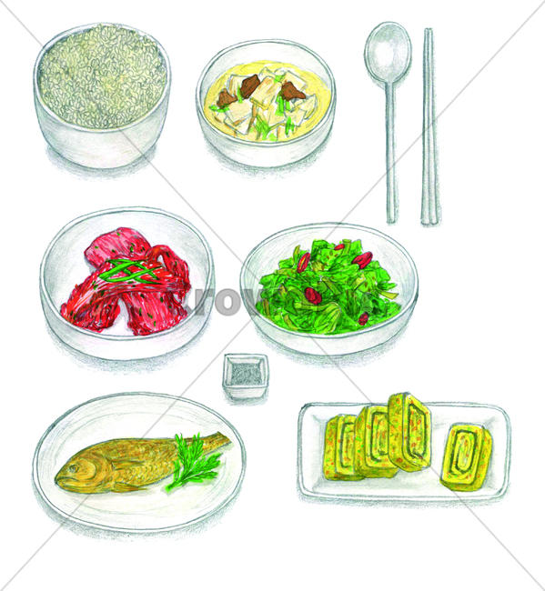 손그림,물감그림,한국,korea,handdrawing,watercolor,밥,rice,cookedgrains,meal,food,음식,숟가락,spoon,젓가락,chopsticks,국,김치,kimchi,soup,생선구이,bakedfish,시금치나물,seasonedspinach,계란말이,gyeranmari,rolledomelet,grilledfish,broiledfish,반찬,sidedish