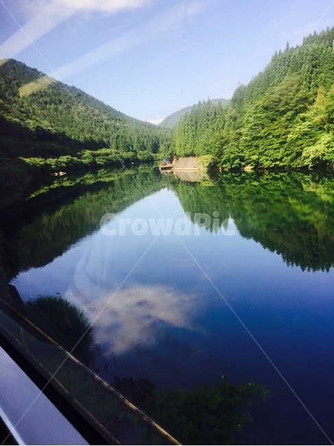 산,강,전철,창밖,구름,여름
