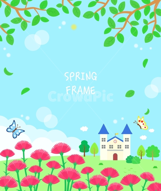 시즌,계절,봄,꽃,프레임,프래임,따뜻한,꽃송이,꽃잎,잎사귀,풍경,배경,자연,식물,하늘,잔디,카네이션,건물,마을,나비,나무,빛,축제,그래픽,일러스트레이션,graphic,illustration