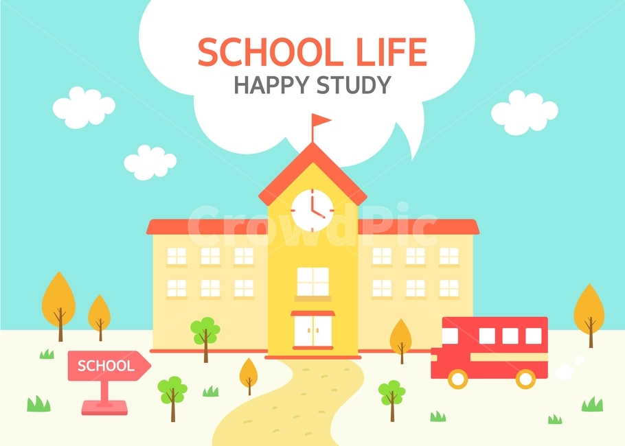 교육,학교,통학버스,스쿨버스,버스,나무,구름,플랫디자인,교육,학교,공부,education,learning,study,school,그래픽,일러스트레이션,graphic,illustration