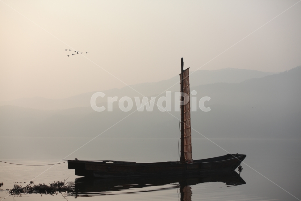 풍경,landscape,감성,새벽,dawn,fog,안개,해돋이,배,새,bird,한국전통,한국문화,korean traditional,korean culture,교통,교통수단,traffic,transportation,vehicle,차량,watercraft,선박