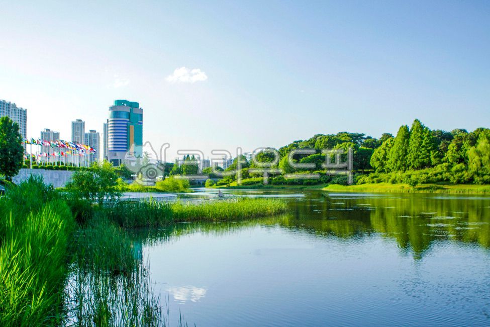 Olympic Park,forest,flag,building,Mongchon Lake,trail,nationalflag,high rise building,park,nature,tree,water,seoul,highrise,outdoors,plant,lake,walk