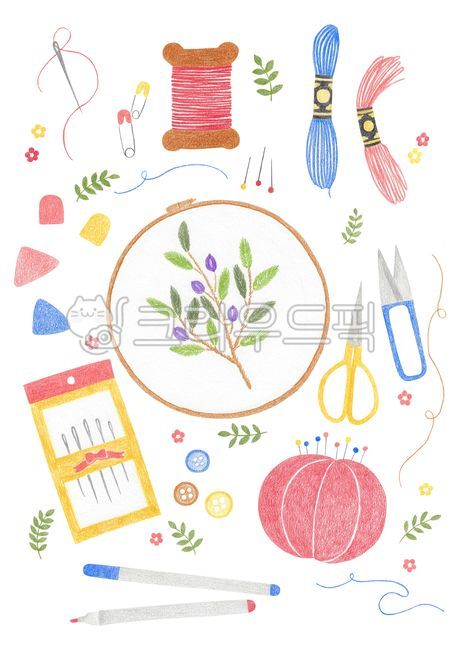 일러스트,색연필,그림,드로잉,색연필화,포스터,바느질,자수,프랑스자수,실,바늘,가위,바늘꽂이,단추,펜,식물,나뭇잎,꽃,초크,골무,시침핀,핀,취미