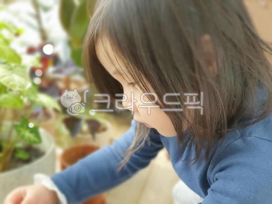 아이,4세여아,머리,사람,베란다,화분,관찰,단발머리,호기심