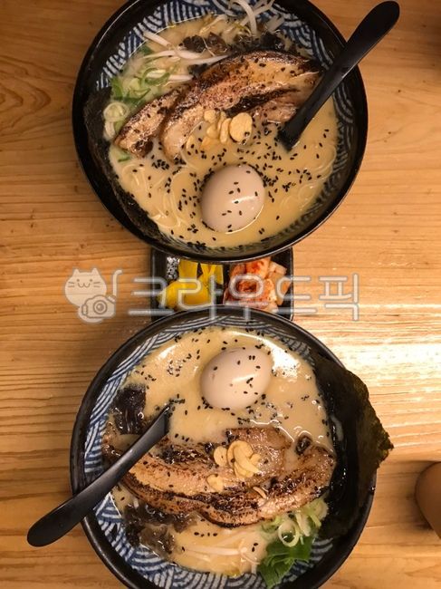 Pickled radish,ramen,kimchi,egg,softboiled,Char siu,Spoon