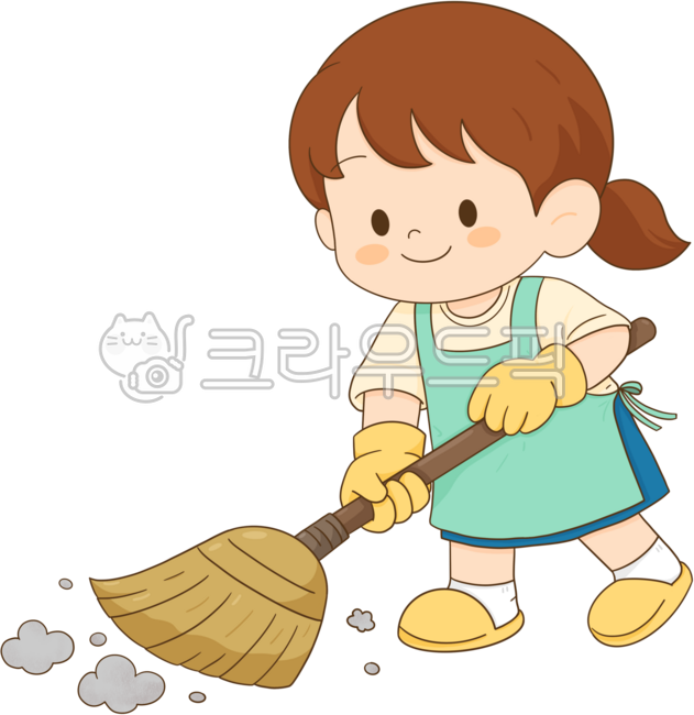 청소,소녀,귀여운,노랑,파랑,빗자루,청소하는어린이,청소하는아이,위생,청결,생활교육,집안일,집안일돕기,빗자루질하는모습,마당쓸기