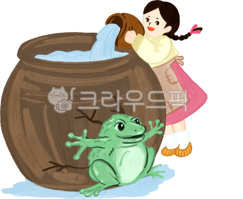Traditional fairy tale,main character,fairy tale,toad,girl,person in hanbok,bean sprout,water jar,jar,water,broken water jar,rags