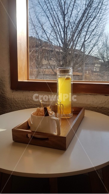커피,커피숍,카페라떼,레몬티,탁자,커피잔,병,초겨울