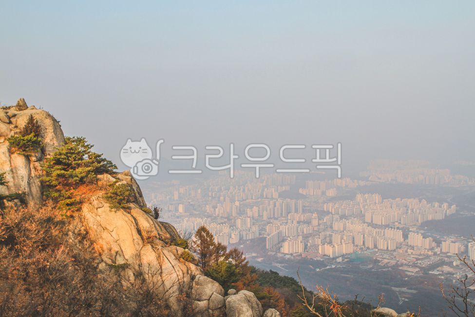 sky,forest,city,nature,cliff,center,tree,downtown,slope,peaks,Dobongsan Mountain,building,rock,rock wall,mountain,outdoors,plant,sight,autumn,ridge,high rise building,Maple