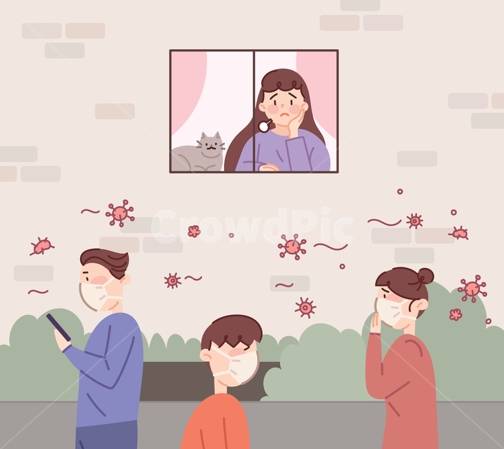 코로나,코로나바이러스,바이러스,전염병,유행,공기,마스크,외출,자가격리,집,창문,여자,남자,사람들,거리,우한폐렴,사람,일러스트,벡터,손그림,디자인소스,삽화,우울,불안,캐릭터,창밖,구경,답답함,지루함,사회적거리두기,집콕,건강,헬스웨어,헬스케어,healthware,health care,그래픽,일러스트레이션,graphic,illustration