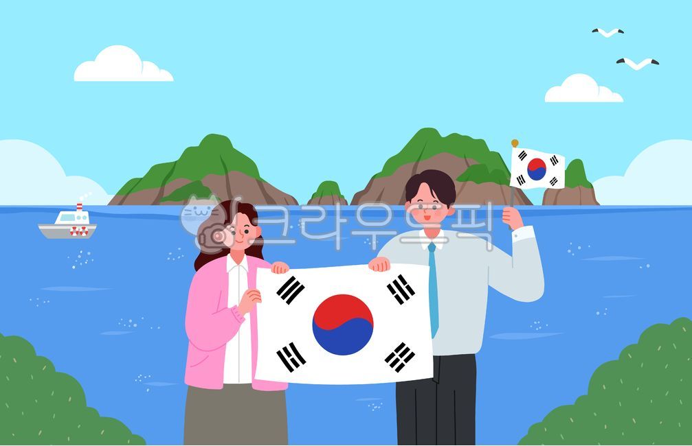 sky,woman,island,adults,ship,Taegeukgi,history,national holiday,sea,flower,seagull,cloud,person,Rose of Sharon,Dokdo,patriotism,man,Dokdo Day,anniversary,national flag,Korea