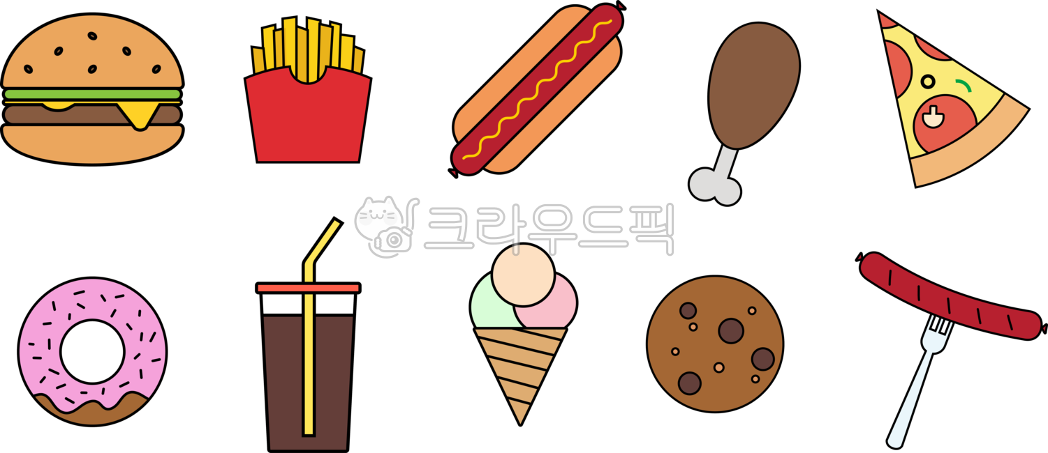 음식일러스트,패스트푸드,음식,푸드,간식,햄버거,피자,감자튀김,치킨,핫도그,도넛,음료,콜라,아이스크림콘,쿠키,과자,소세지,소시지