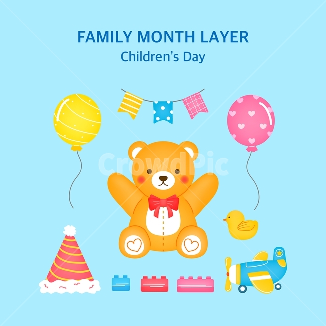 balloon,family month,Teddy bear,In May,illustration,Layer,party,Childrens Day,conical hat