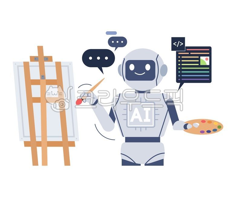 인공지능,로봇,ai,일러스트,기술,사이버,it,디지털,컴퓨터,테크놀로지,ai기술,컨셉,아이콘,robot,기계,머신,프로그램,과학,스마트,혁신,미래,그림,그리는,아티스트,일러스트레이터,이젤,붓,그림그리기,코딩,명령,창의력,화가,작가,말풍선