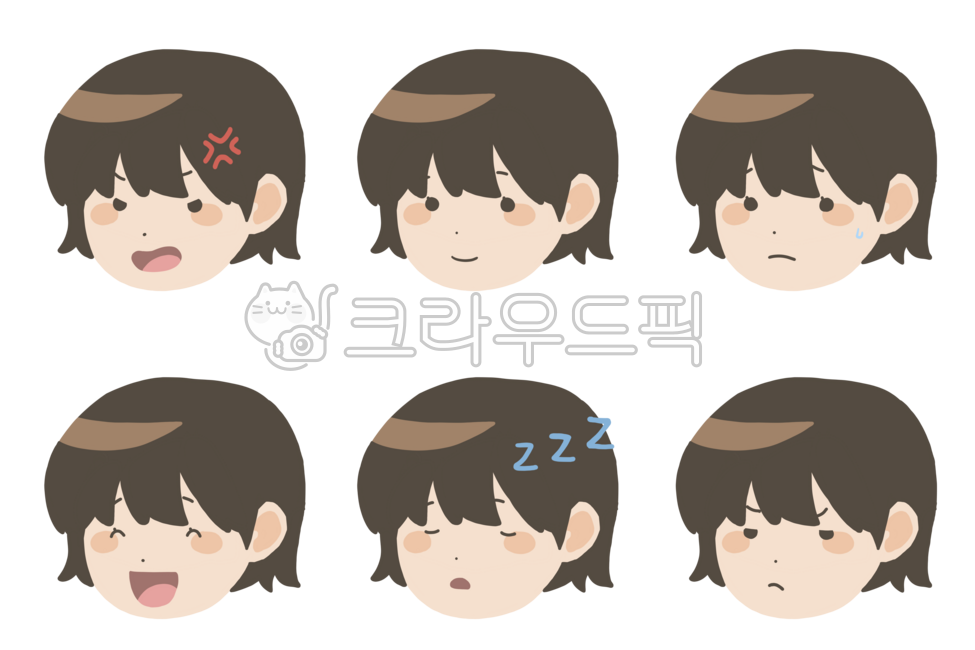일러스트,그림,컬렉션,모음,세트,이모지,행복,기쁜,기쁨,화난,화남,화,짜증,불만있는,웃는,미소,잠,자는,꿈,학생,얼굴,표정,감정,중학생,고등학생,사람,여자,여학생,긴장,불안,눈치보는