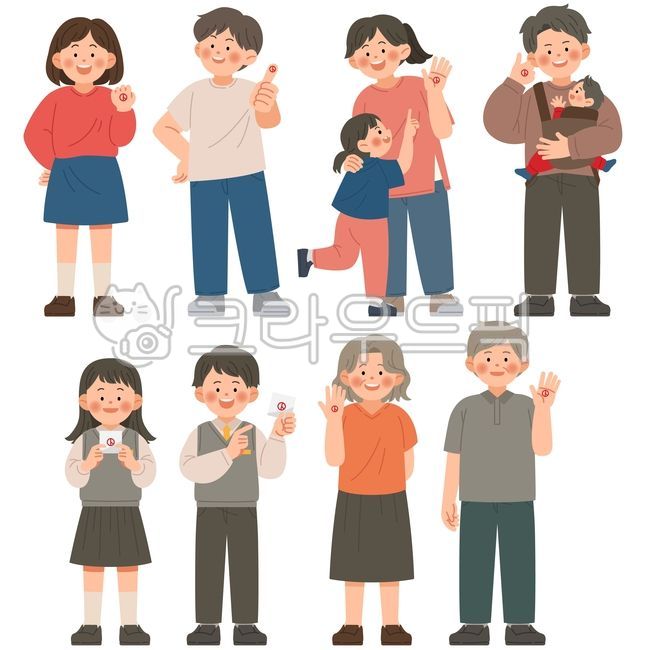 투표,선거,유권자,투표인증,손등도장,시민참여,민주주의,한표행사,가족,세대,어린이,아동,청소년,성인,노인,남성,여성,엄마와딸,아빠와아기,형제자매,사람,웃는얼굴,일러스트,플랫디자인,캐릭터,투표용지,도장,권리행사,한국,밝은컬러