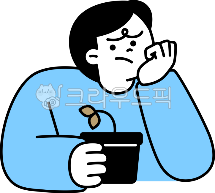 외곽선,귀여운,심플,단순한,일러스트레이션,감정,마음,부정적인,사람,상반신,우울한,시든,식물,찡그리다,얼굴,표정,남자,시들한