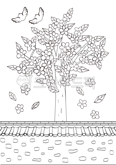 art,Art,nature,line,tree,yellow flower,leaf,flower,Hanok,painting,tile roof,line art,bird,drawing,season,coloring,wall