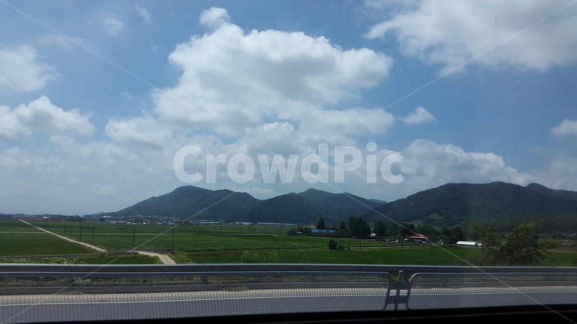 버스,창,여름,휴가,들,들판,산,하늘,풍경