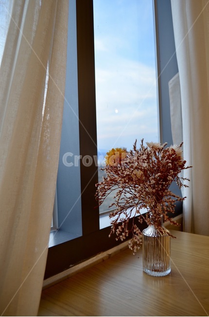 꽃병,테이블,창문,커튼,가을,편안함,안정,꽃