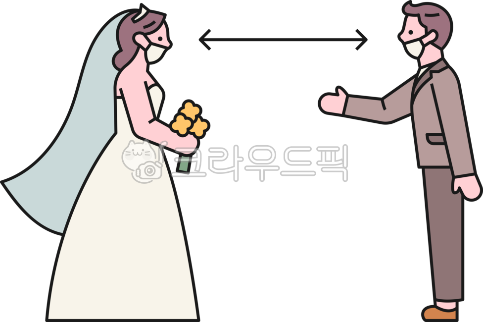 outline,cute,simple,plain,illustration,mask,pandemic,non-face-to-face,epidemic,virus,marriage,wedding,social distancing,groom,bride,character,side view,standing,distance,gap,face to face