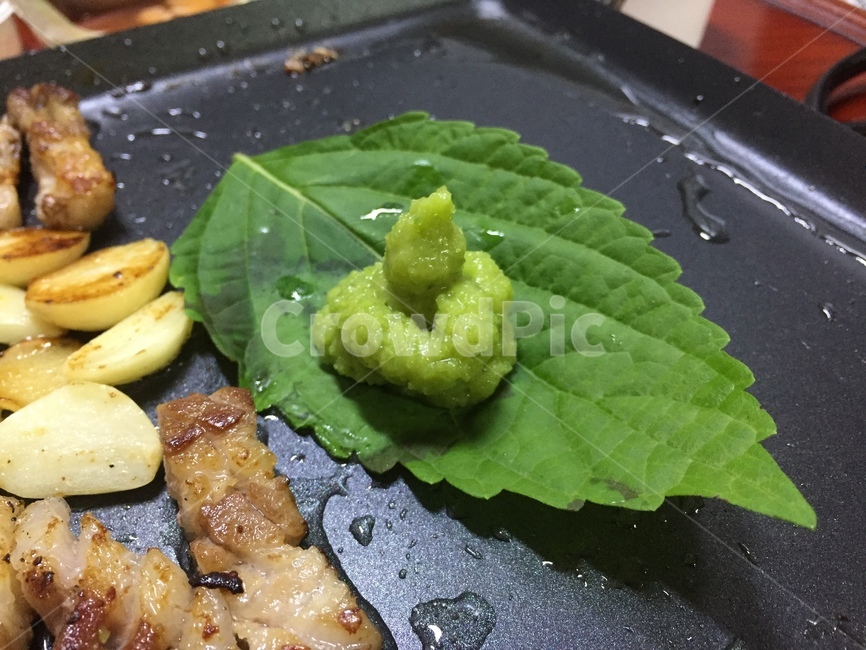 와사비,깻잎,삼겹살,물방울,녹색,초록