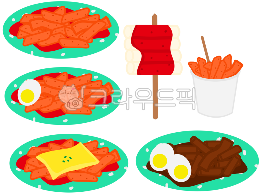 떡볶이,짜장떡볶이,떡꼬치,컵떡볶이,음식,일러스트,디자인,심플한,귀여운,손그림,떡,계란,치즈,이쑤시개,그릇