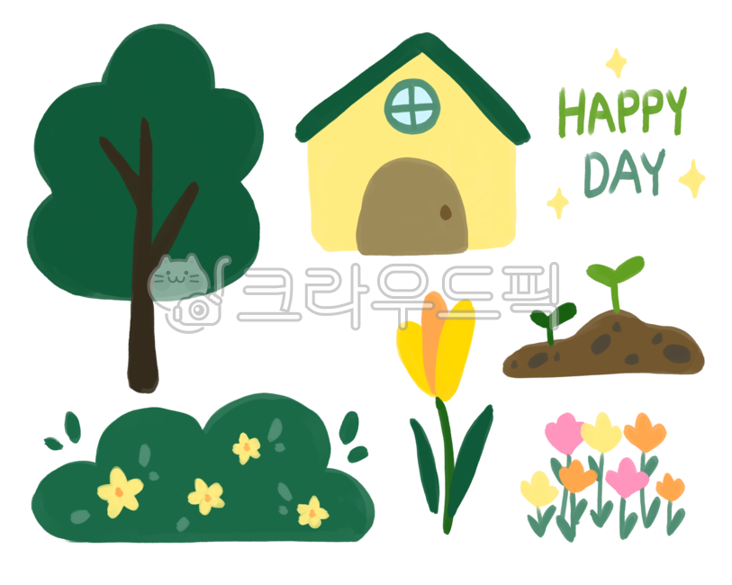 스티커,일러스트,손그림,스티커모음,스티커세트,png,다꾸,굿노트스티커,아이콘,나무,풀,봄,자연,식물,집,꽃,꽃잎,흙,happy,day
