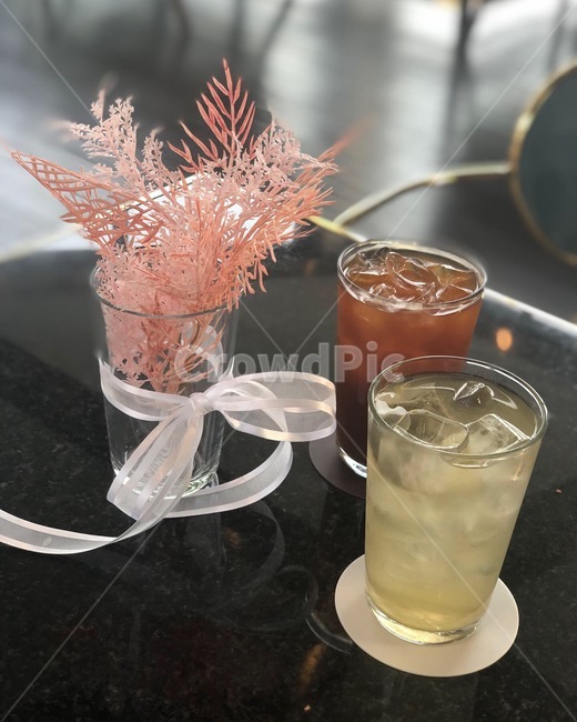 커피,차,음료수,유리,리본,책상,컵