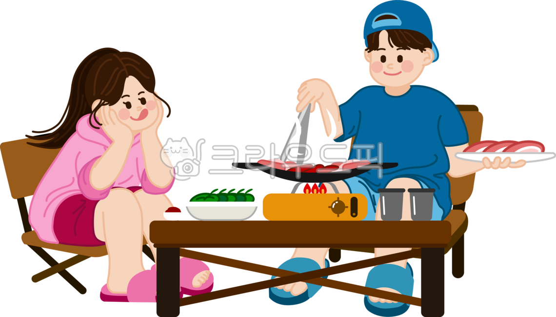 lunch,weekend,summer,BBQ,pork belly,camping chair,vegetable wrap,vacation,man,female,Camping,table,chair,tongs,picnic,people,food,meal,cockle,griddle,meat,campsite