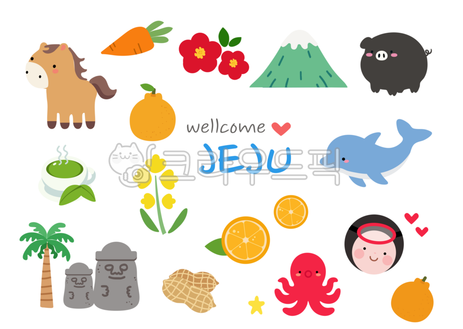 제주도,제주도일러스트,제주도요소,제주대표특산품,말,동백꽃,당근,한라봉,한라산,흑돼지,녹차,유채꽃,돌고래,야자나무,야자수,돌하르방,문어,땅콩,해녀,귤
