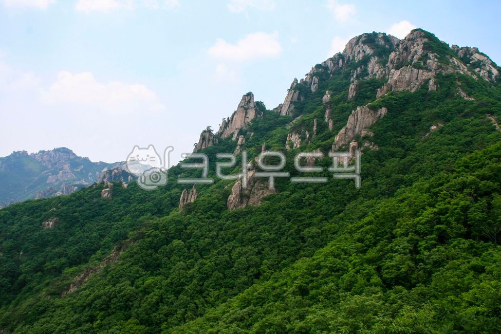sky,A national park,famous mountain,nature,summer mountain,tree,fresh green,rock wall,rock,cloud,Wolchulsan Mountain,mountain,Made in Korea,summer scenery