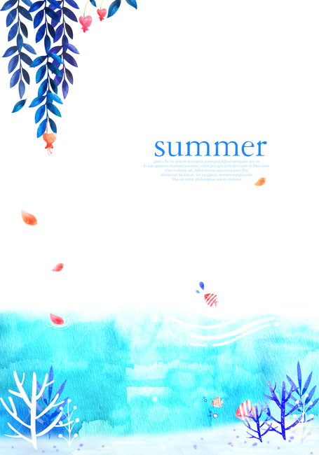 물고기,해초,열대어,산호,꽃잎,수채화,여름,감성,바다,여름,계절,summer,season,그래픽,일러스트레이션,graphic,illustration