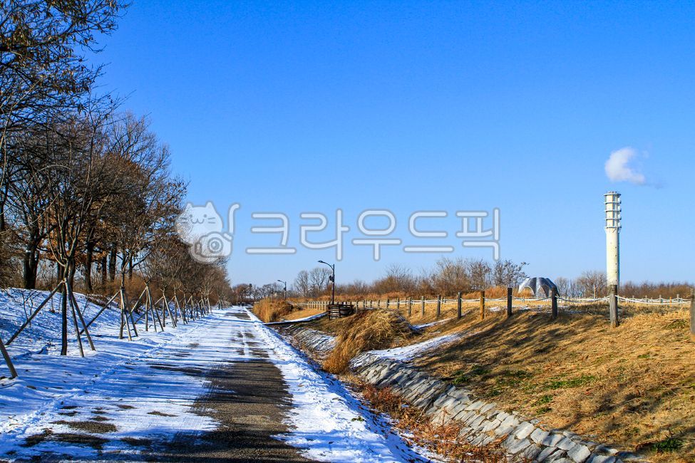 forest,nature,smoke,tree,winter,snowy road,scenery,building,street tree,street light,outdoors,road,Sky Park,railing,snow,plant,wood,boardwalk,park