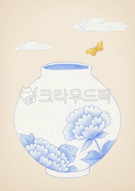 일러스트,배경,백그라운드,새해,설,신년,병오년,2026,명절,한국,문화,전통문화,전통,민화,수작업,색연필,색연필화,그림,도자기,구름,나비,곤충,백자,달항아리,항아리,모란꽃,모란,무늬,패턴