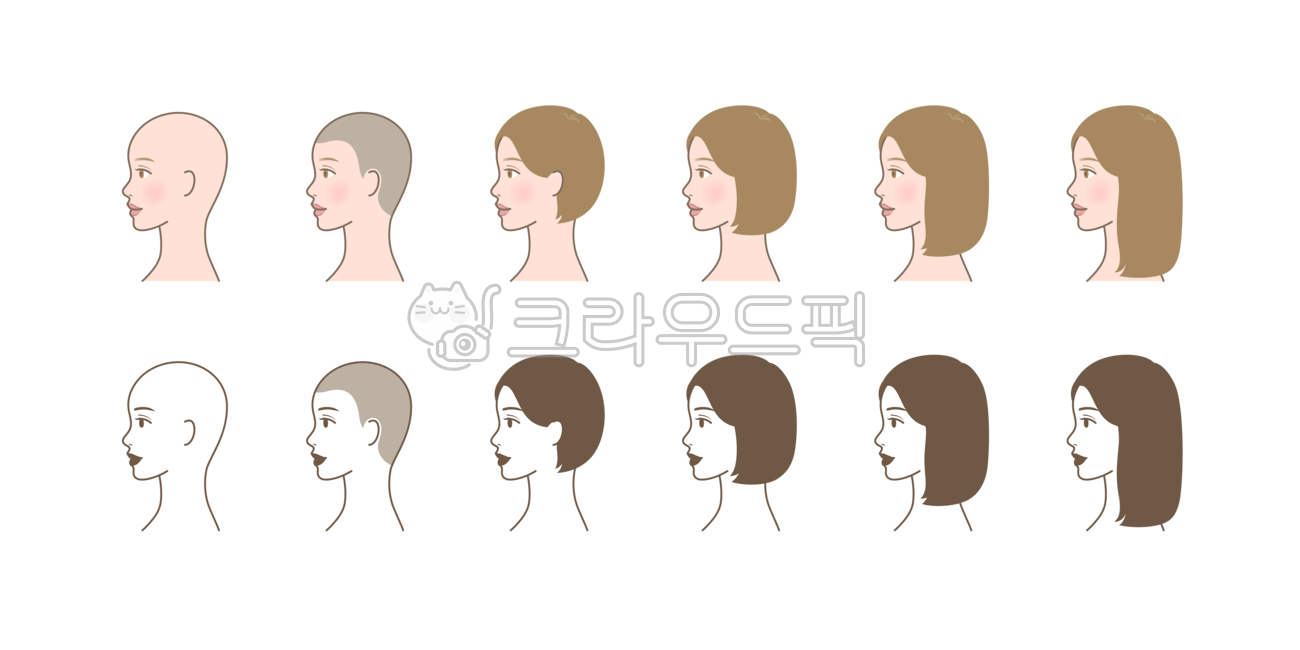 머리,머리카락,모발,길이,기르는,기르다,과정,변화,대머리,짧은,짧은머리,단발,중단발,긴,긴머리,뷰티,미용,예쁜,아름다운,여자,여성,사람,인물,얼굴,캐릭터,일러스트,그래픽,아이콘,라인일러스트,라인,옆,옆모습