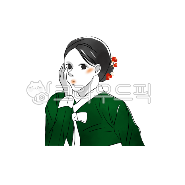 한복,일러스트,턱받침,여자,예쁜,꽃,올림머리,전통,캐릭터,디자인,캐릭터디자인