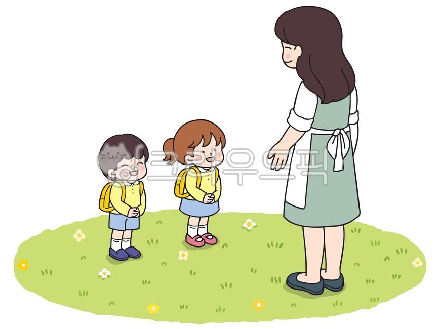 배꼽인사,하원,등원,유치원,어린이집,유치원일러스트,어린이집일러스트,유치원그림,어린이집그림,인사예절,인사,유치원생활,어린이,아이,어린이집생활,어린이일러스트,아동일러스트,남아,남자어린이,여아,여자어린이,선생님,교사,보육교사,유치원선생님,어린이집선생님,어린이집교사,유치원교사,여성,여자,긴머리,앞치마,어머니,엄마,뒷모습,스커트,치마