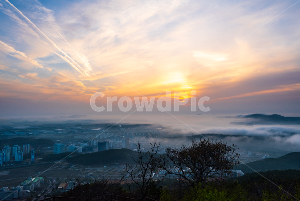 백운산,일몰,해무,구름,노을
