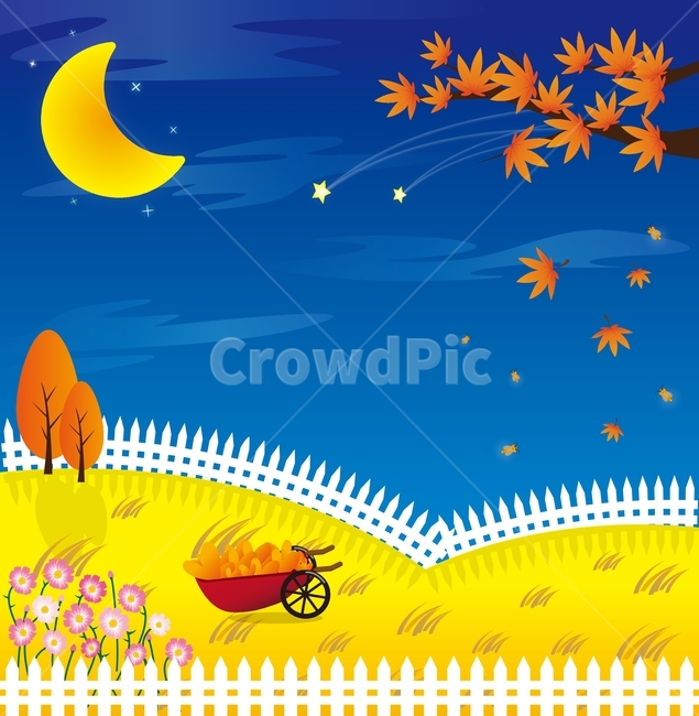 단풍,벼,코스모스,달,별,울타리,가을,플랫디자인,일러스트,가을,계절,fall,autumn,season,그래픽,일러스트레이션,graphic,illustration